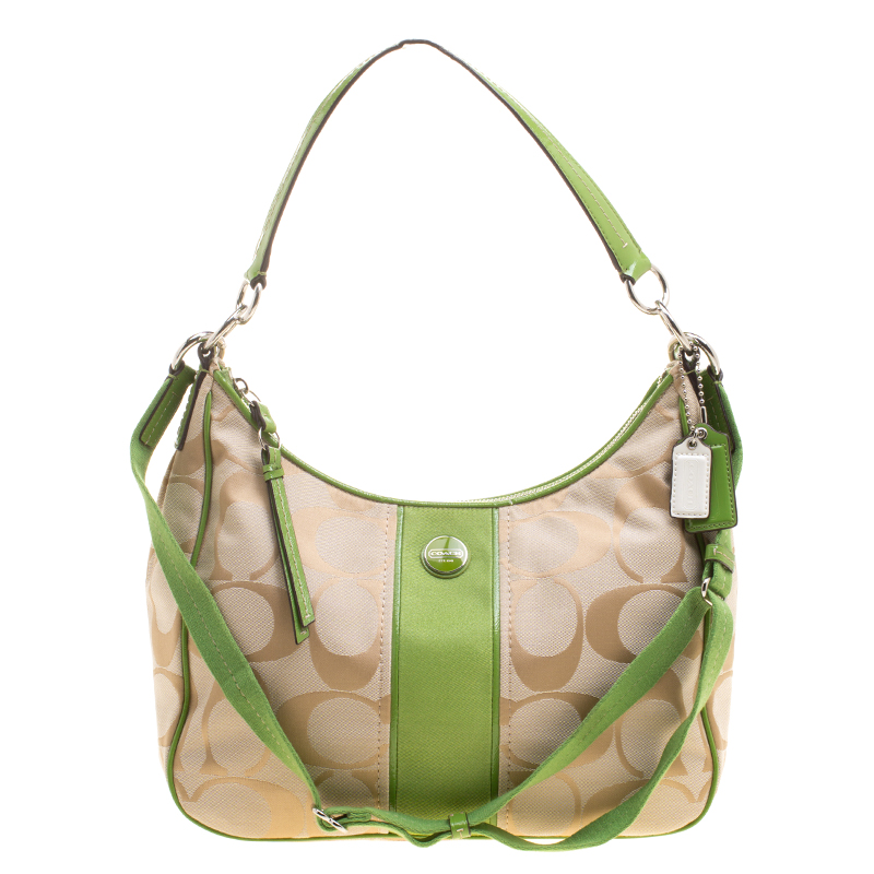 Coach Beige/Green Signature Canvas Stripe Convertible Hobo 