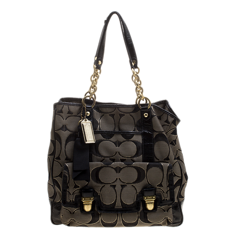 Pre Owned Coach Black/Grey Signature Canvas Poppy North South Tote