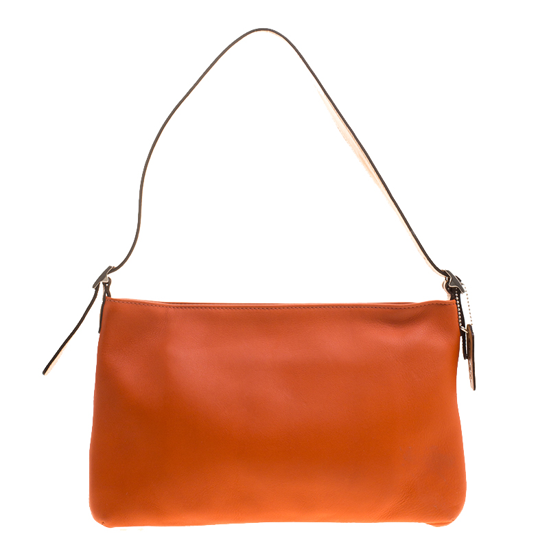 Pre Owned Coach Orange and Beige Leather Shoulder Bag