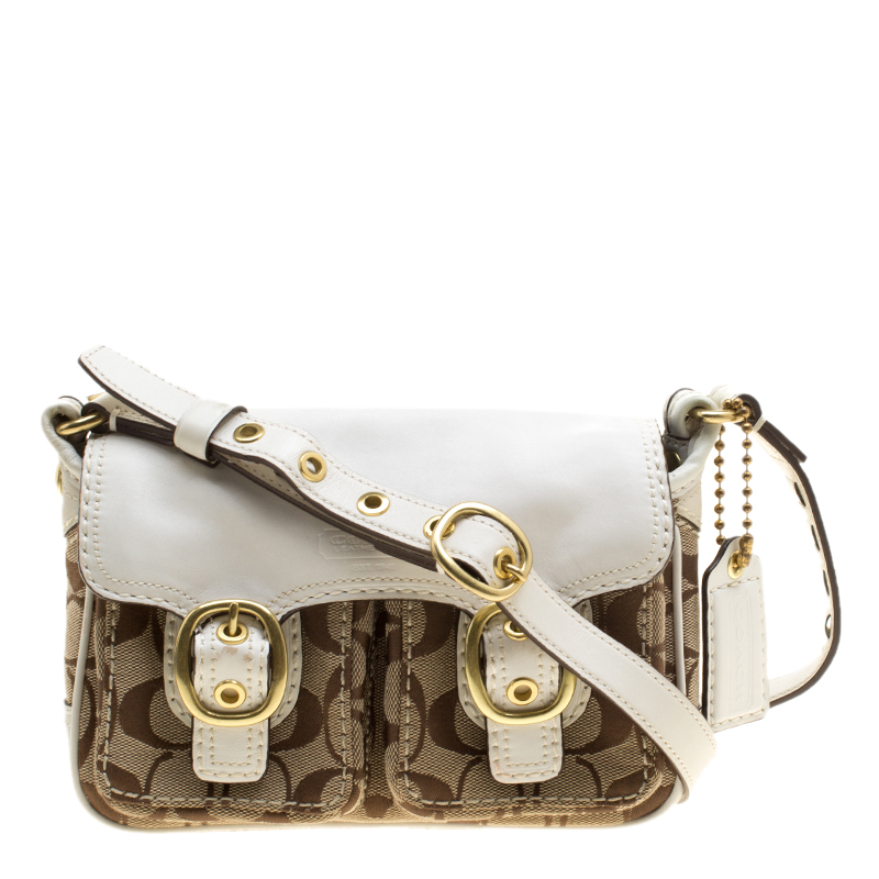 Coach White/Beige Signature Canvas and Leather Crossbody Bag