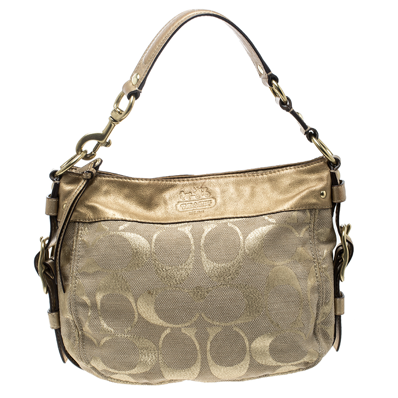Pre Owned Coach Beige/Gold Canvas and Leather Hobo
