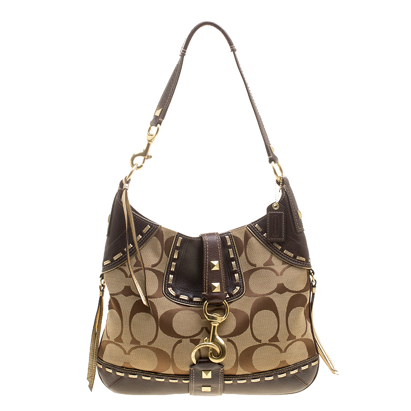 Coach Beige/Brown Signature Canvas and Leather Hobo