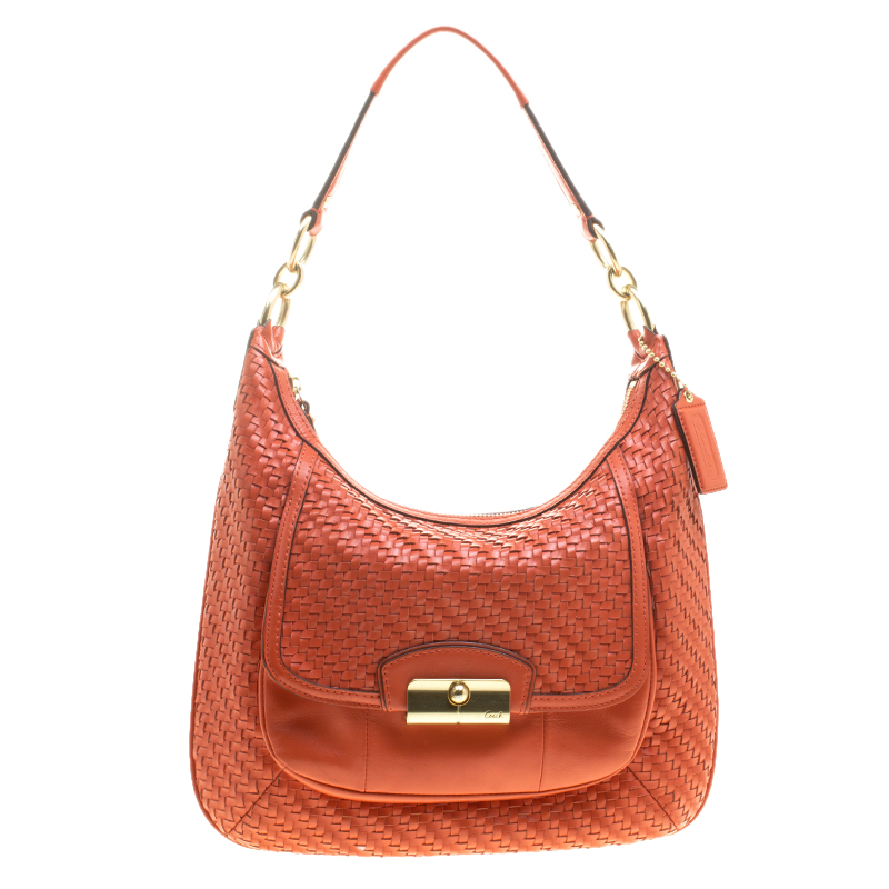 Pre Owned Coach Orange Woven Leather Kristin Hobo