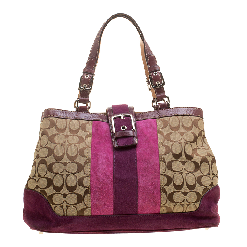 Pre Owned Coach Beige/Purple Signature Canvas Demi Striped Tote