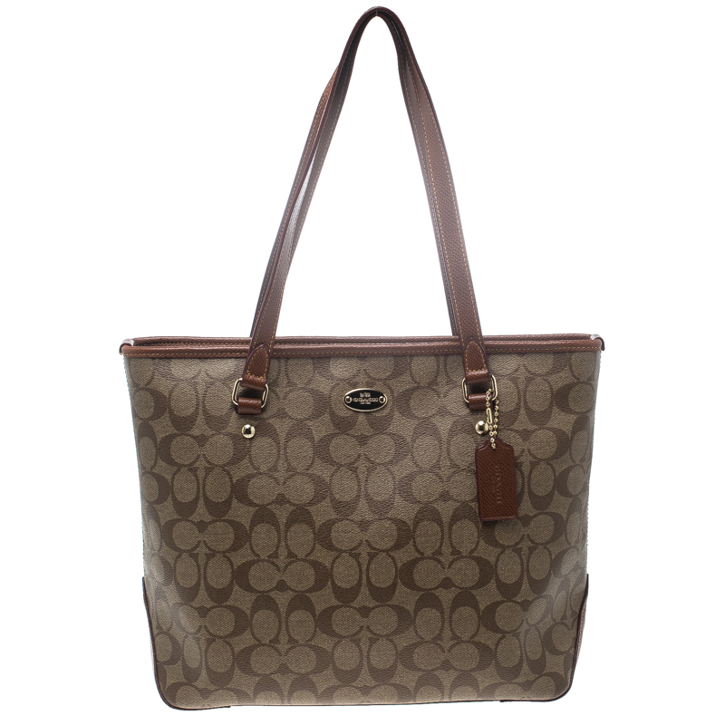 Pre Owned Coach Beige/Brown Signature Coated Canvas and Leather City Zip Top Tote
