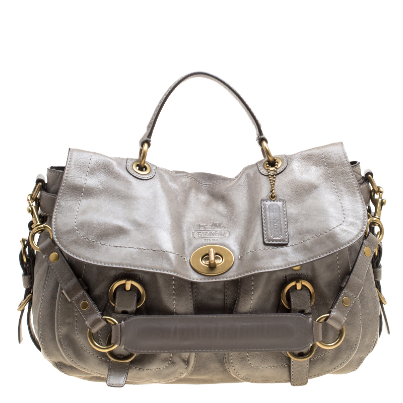 مملوكة مسبقًا Coach Grey Glazed Leather Double Pocket Top Handle Bag with Wallet