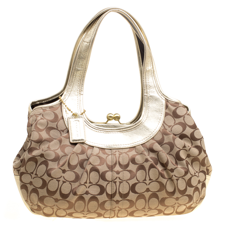 Pre Owned Coach Beige/Gold Canvas and Leather Kisslock Frame Tote