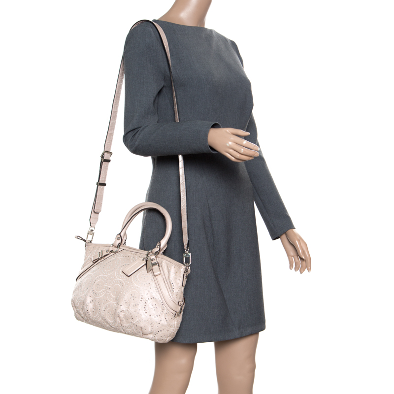 

Coach Light Beige Laser Cut Leather Tote