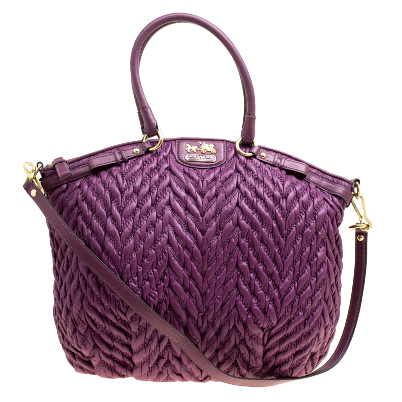 Pre Owned Coach Purple Matelasse Nylon Top Handle Bag