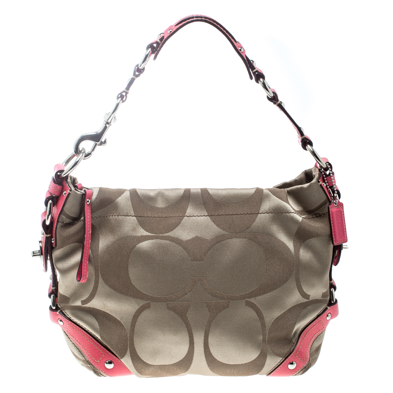 Coach Beige/Pink Signature Canvas Hobo