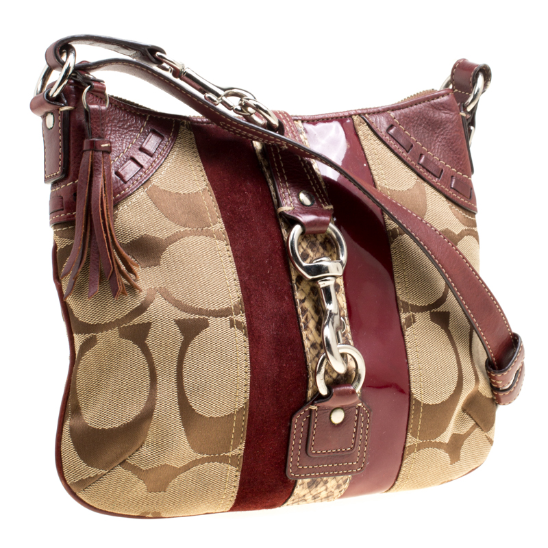 Coach Beige/Burgundy Signature Canvas and Leather Crossbody Bag Coach TLC