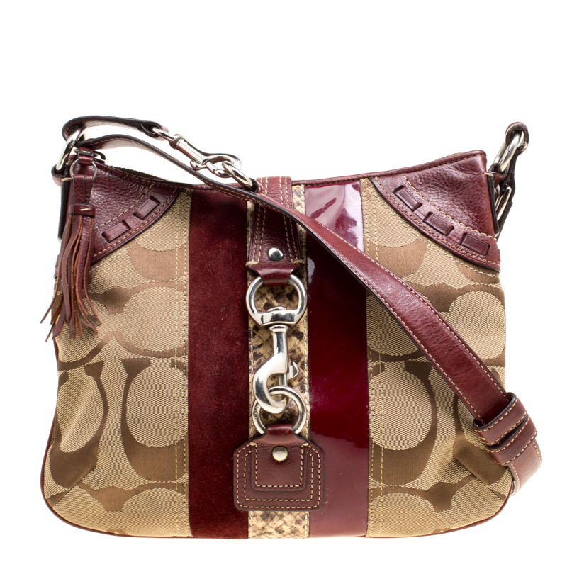 Coach Beige/Burgundy Signature Canvas and Leather Crossbody Bag
