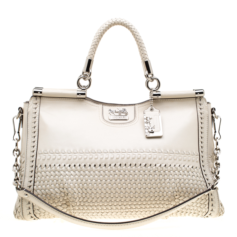 Coach Off White Woven Leather Caroline Dowel Top Handle Bag Off White Woven Leather Caroline Dowel