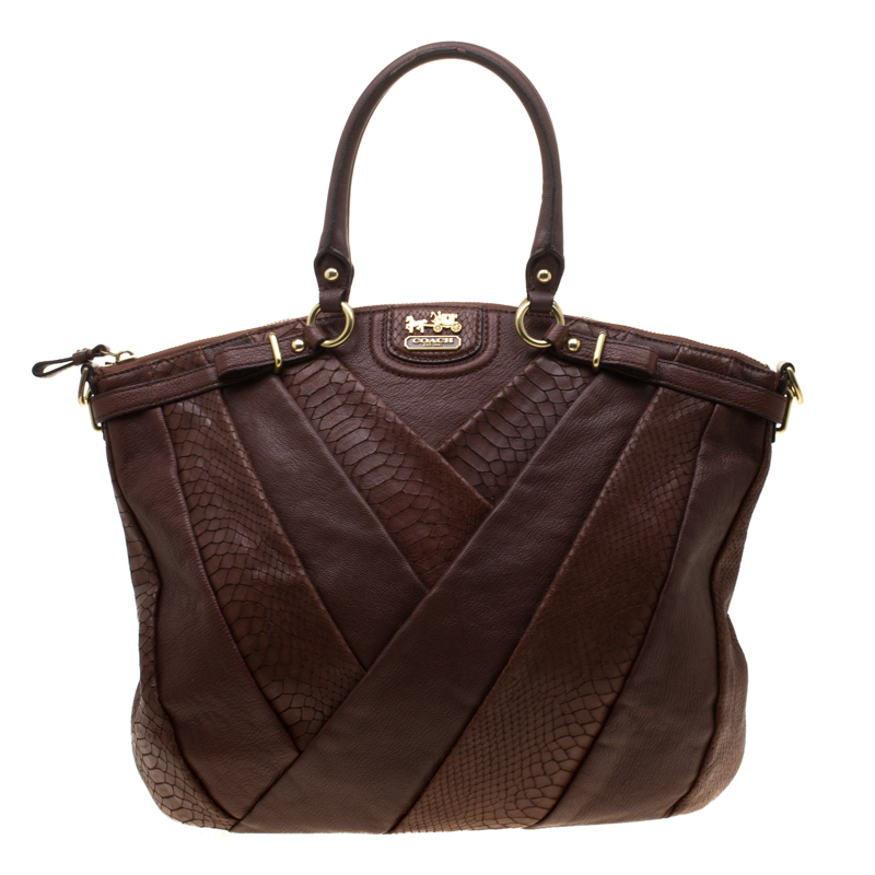 Coach Dark Brown Diagonal Pleated Python Embossed Leather Lindsey Top handle Bag