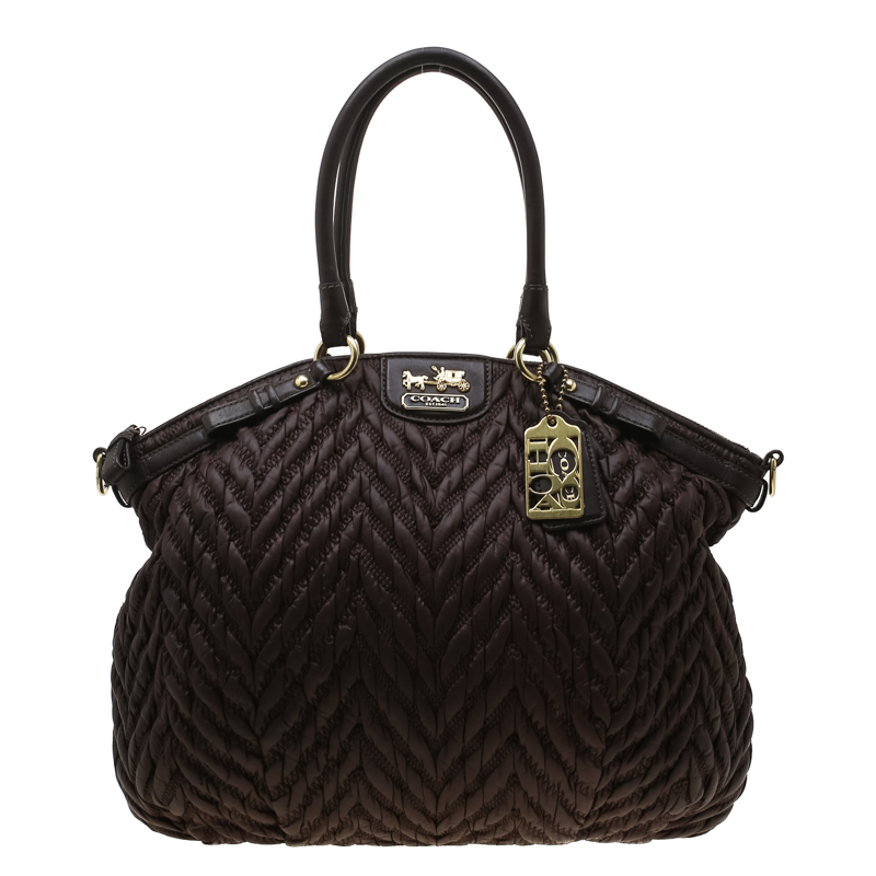 Pre Owned Coach Dark Brown Quilted Nylon 70th Anniversary Madison Tote