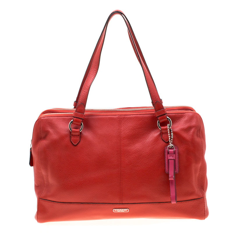 Pre Owned Coach Red Leather Katheryn Triple Zipper Satchel 