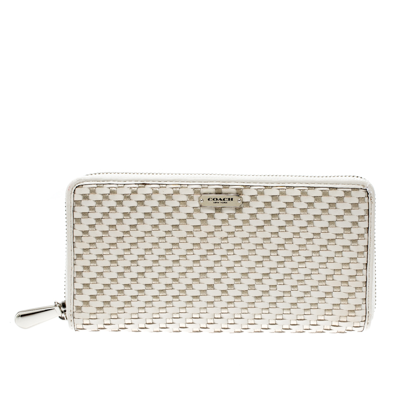 Coach Off White/Silver Woven Leather Zip Around Wallet 