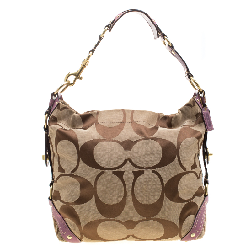 Coach Beige/Purple Signature Canvas Carly Hobo