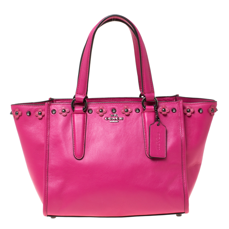 Pre Owned Coach Magenta Studded Floral  Leather Crosby Tote