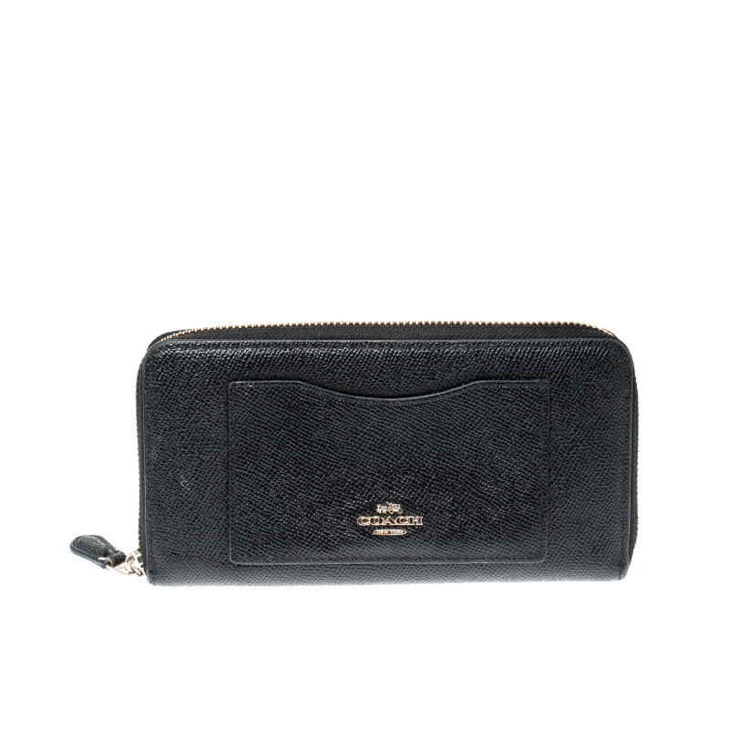 Pre Owned Coach Black Leather Accordion Zip Around Wallet