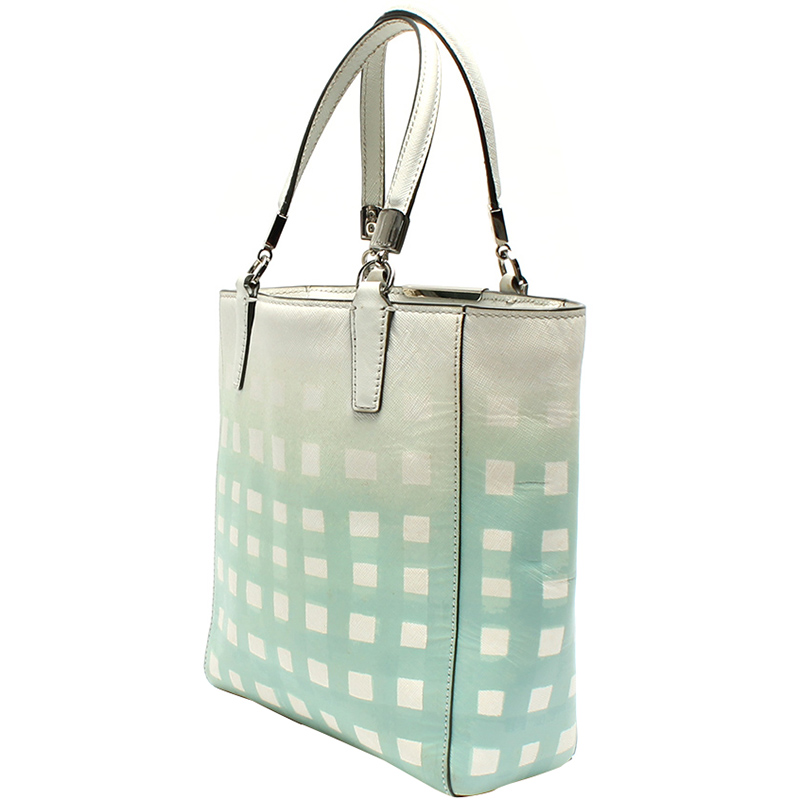 

Coach White/Blue Gingham Leather Tote Bag
