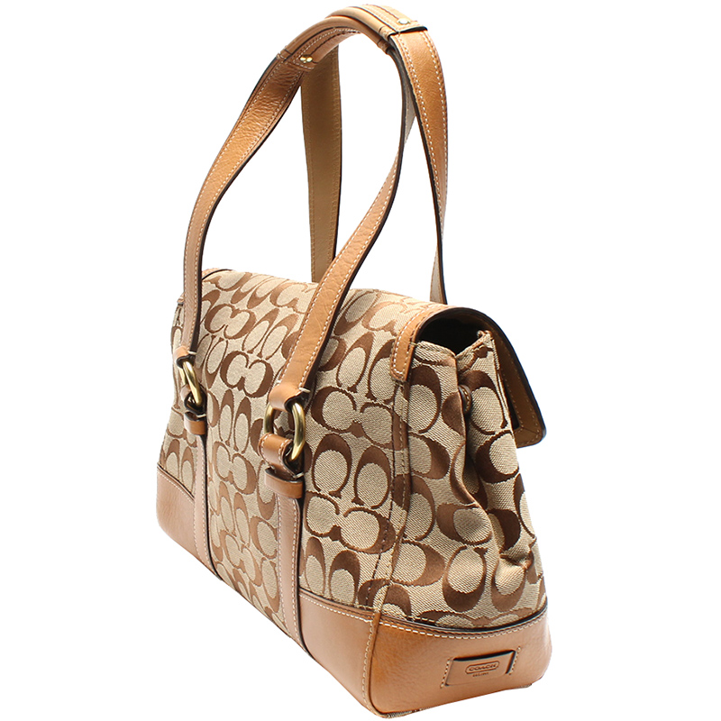 

Coach Brown Signature Canvas And Leather Double Buckle Shoulder Bag, Beige