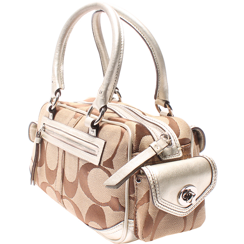 

Coach Beige Signature Canvas Double Pocket Top Handle Bag