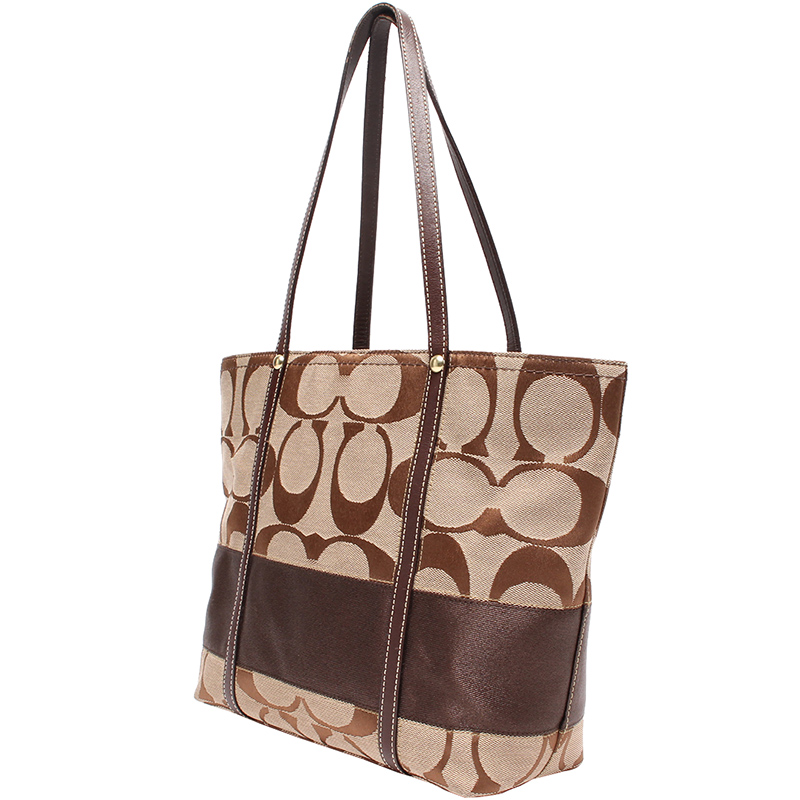 

Coach Brown Signature Canvas Brown Stripe Tote, Beige