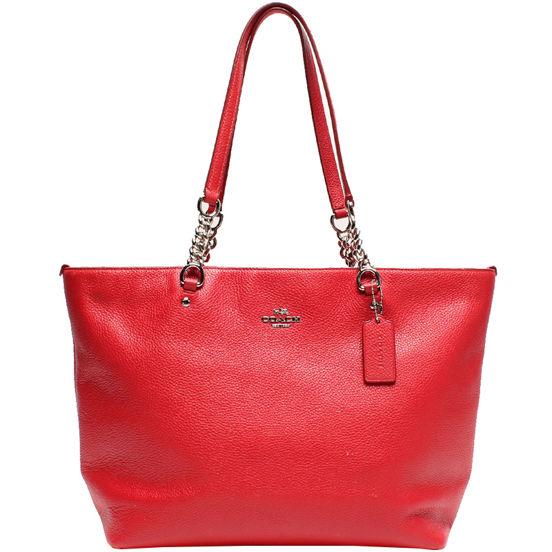 Buy Coach Red Pebbled Leather Turnlock Chain Tote 219416 at best price ...