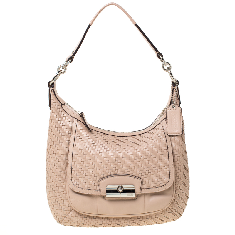 Pre Owned Coach Blush Pink Woven Leather Kristin Hobo