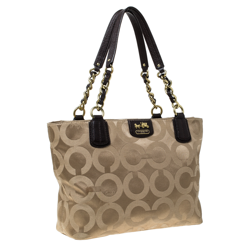 Pre-owned Coach Beige/brown Fabric Madison Op Art Tote