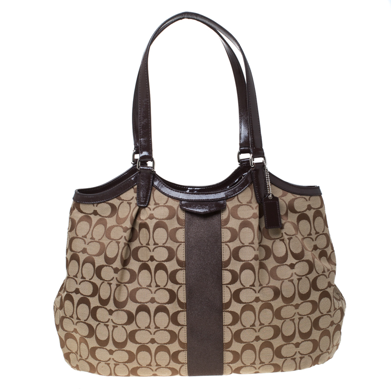 Coach Beige/Brown Signature Canvas and Patent Leather Shoulder Bag
