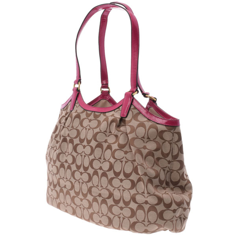 

Coach Beige/Pink PVC Signature Canvas Stripe Shoulder Bag