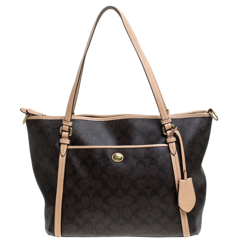 Coach Brown Coated Canvas and Leather Peyton Pocket Tote 
