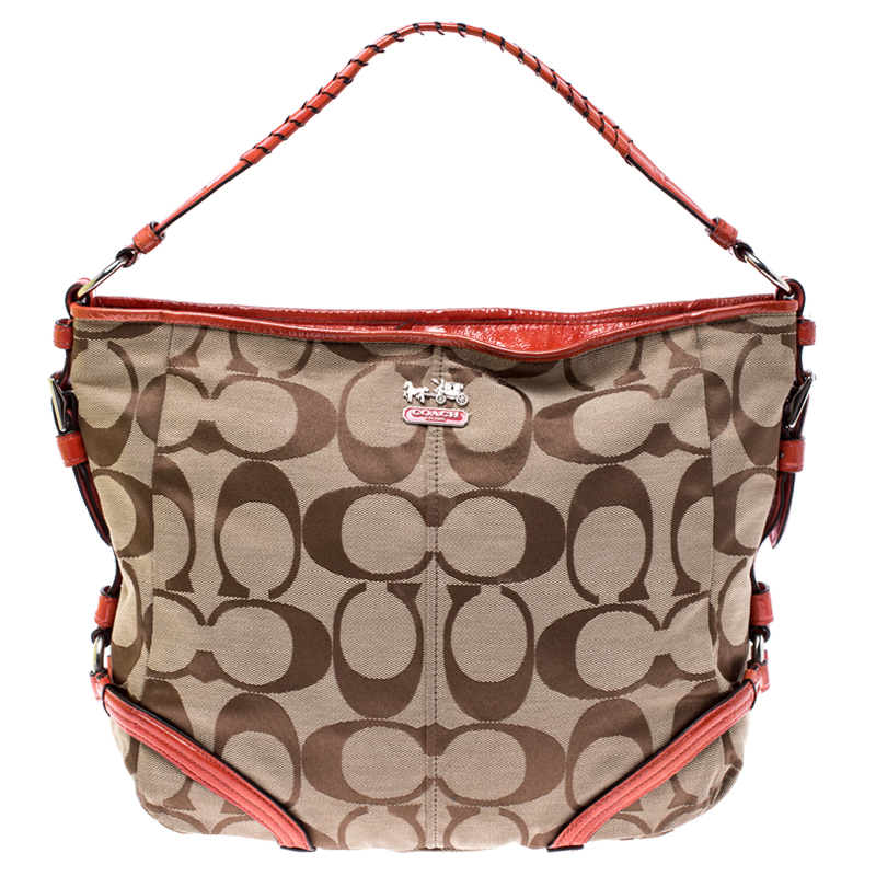 Pre Owned Coach Beige/Orange Signature Canvas and Patent Leather Katarina Hobo