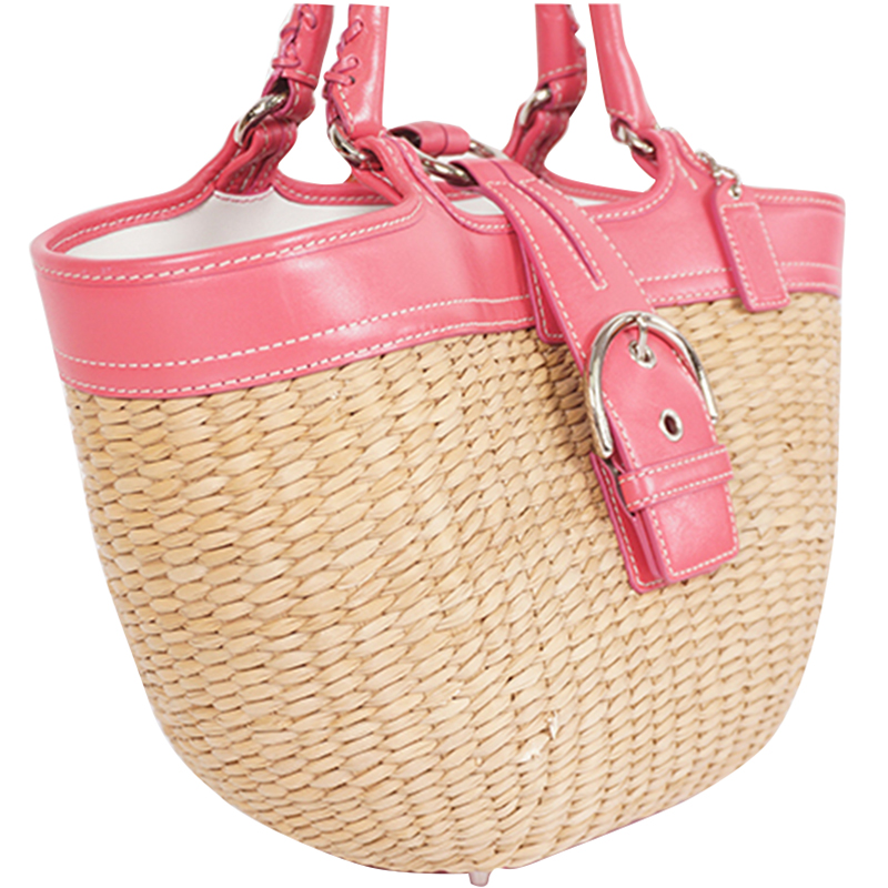 

Coach Pink/Beige Woven Straw Rare Basket Tote, Multicolor