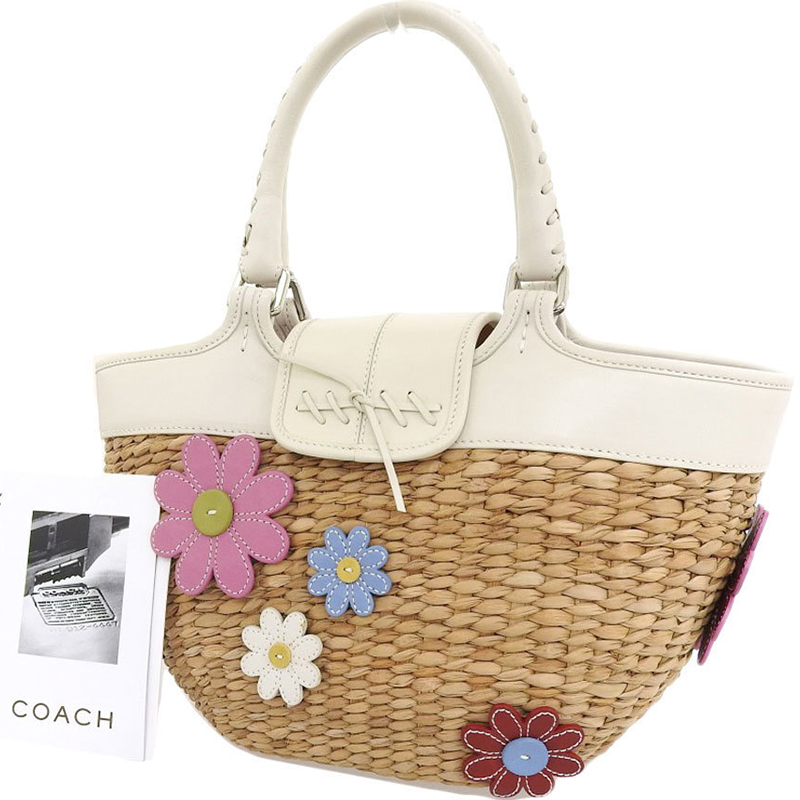 

Coach Brown/White Straw And Leather Flowers Tote