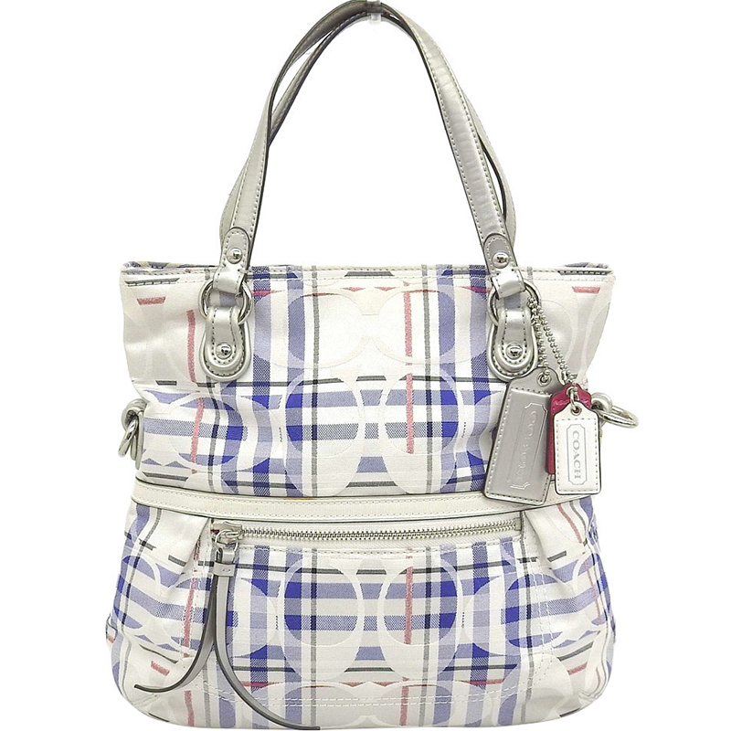 

Coach Blue/White Satin Canvas And Leather Poppy Tartan Tote
