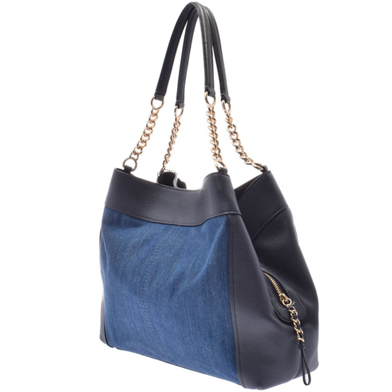 

Coach Navy Denim And Leather Chain Tote, Navy blue