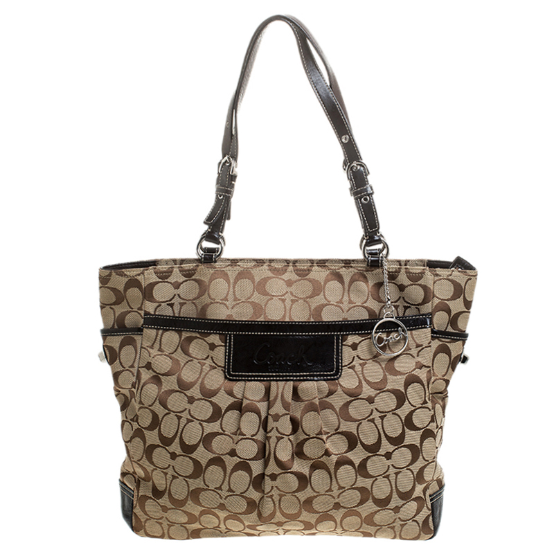 Pre Owned Coach Beige Canvas and Leather Shopper Tote