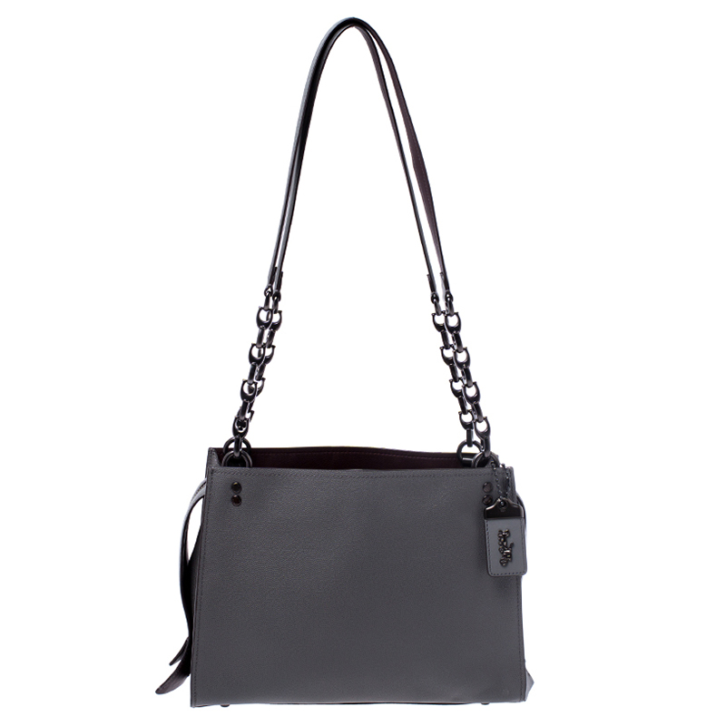Pre Owned Coach Dark Grey Leather Chain Shoulder Bag
