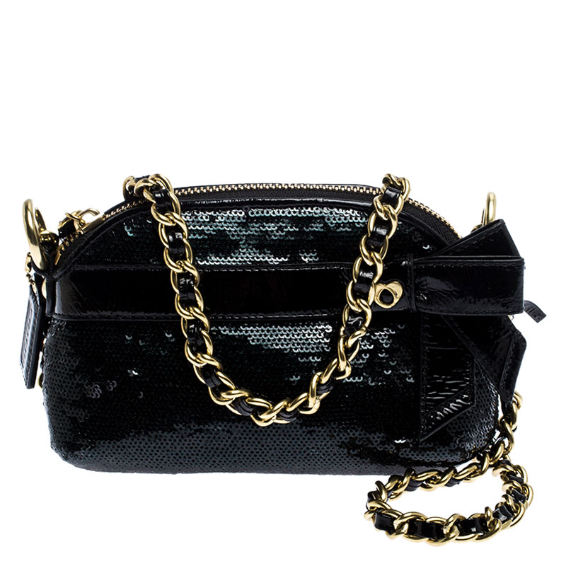 مملوكة مسبقًا Coach Black Sequins and Patent Leather Mini Poppy Chain Shoulder Bag