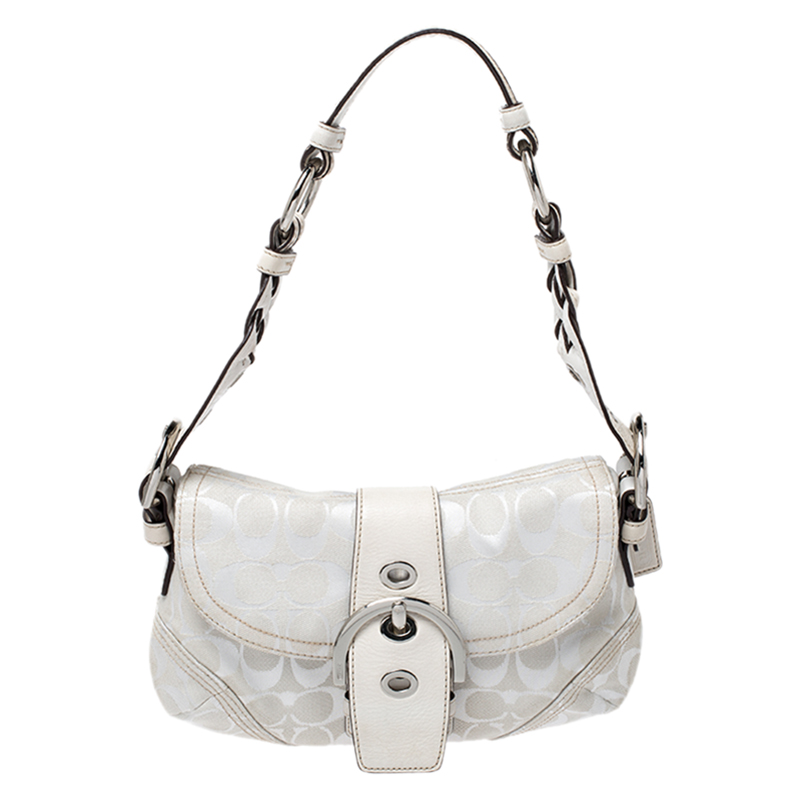 Coach White Canvas and Leather Buckle Flap Hobo