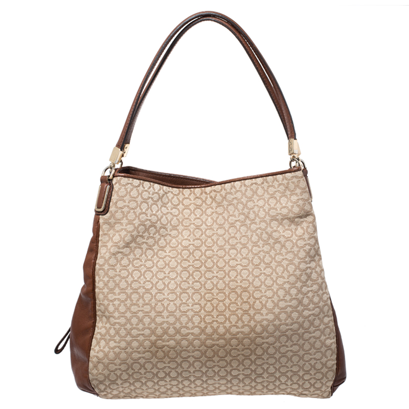 Pre Owned Coach Beige/Brown OP Art Fabric and Leather Madisson Needlepoint Hobo