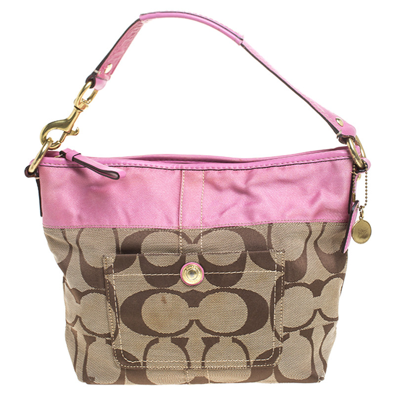 Pre-owned Coach Pink/beige Signature Canvas Carly Shoulder Bag | ModeSens