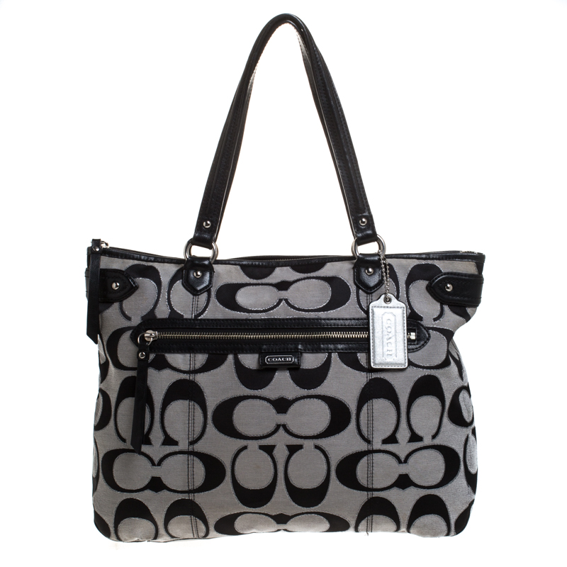 Pre Owned Coach Black/Grey Daisy Outline Canvas and Leather Emma Tote