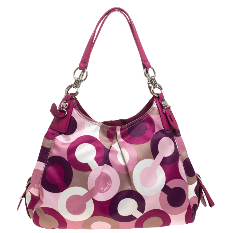 Pre-owned Coach Multicolor Signature Satin And Leather Hobo In Purple ...