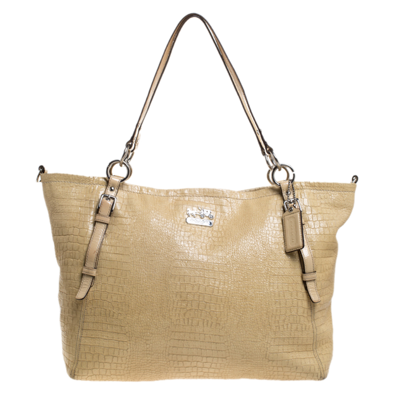 Coach Light Yellow Crocodile Effect Leather Buckle Shopper Tote