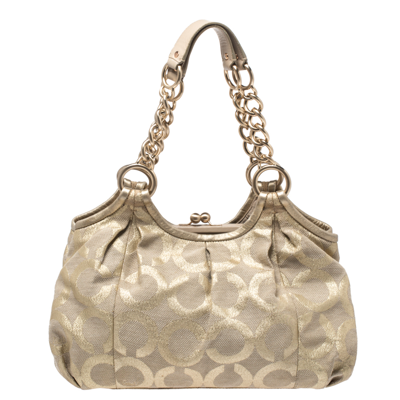 Coach Metallic Gold Signature Canvas Parker Linen Lurex Satchel