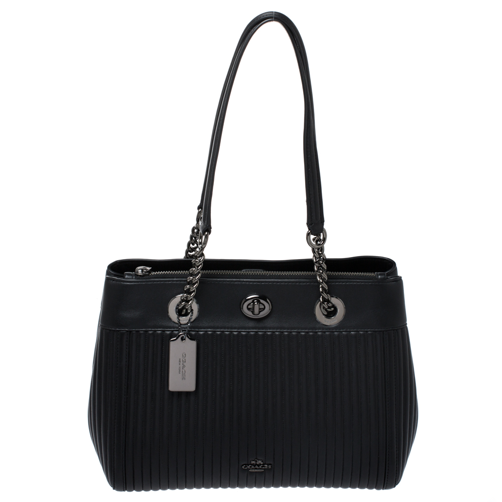 Pre Owned Coach Black Leather Turnlock Tote